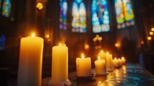 Brennende Kerzen vor farbigen Kirchenfenstern als Zeichen des Innehaltens